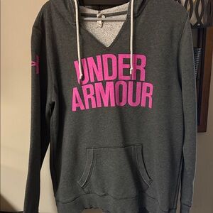 Under Armour Dark Gray V-Neck Hoodie Sweater with Pink Logo